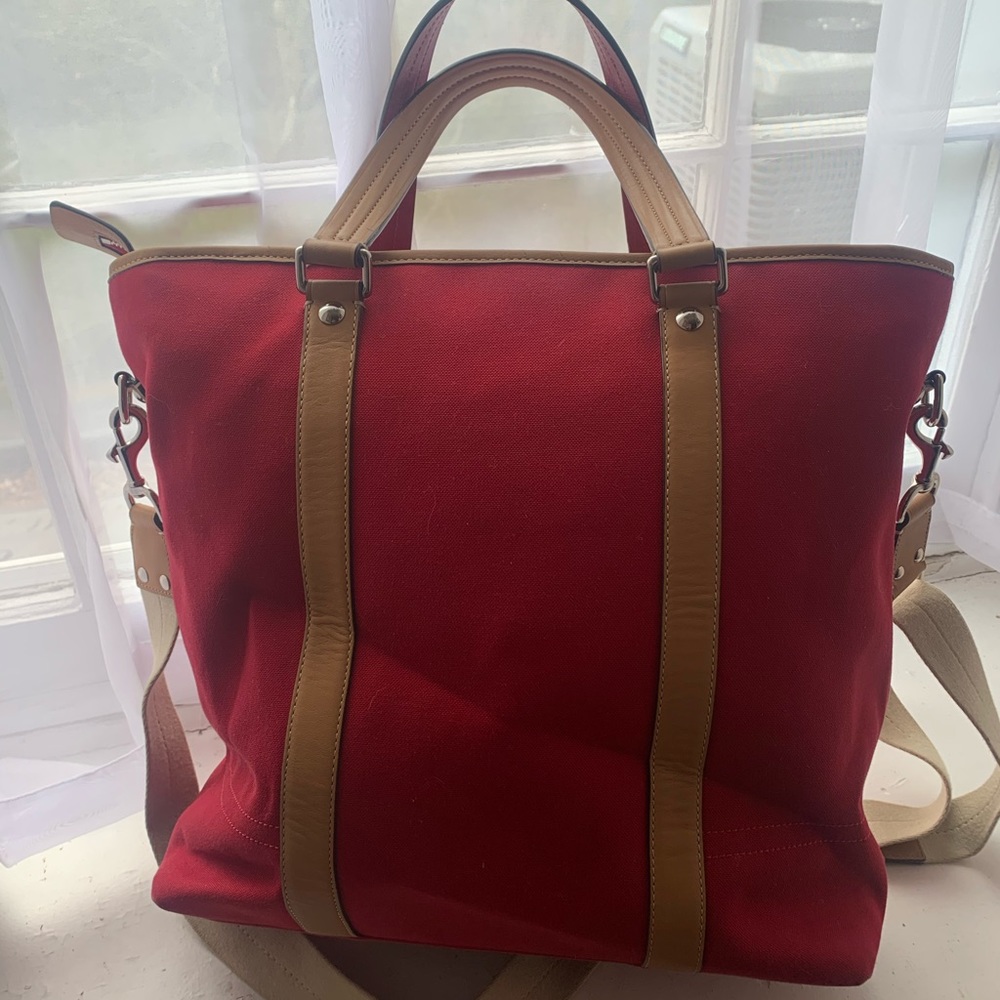 Coach Tote in Red canvas trimmed in leather. - Picture 2 of 9